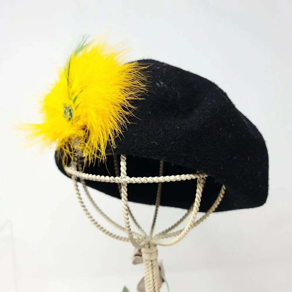 Vintage Yellow Feather Womens Black 100% Wool Basque Beret Christina NYC Artsy